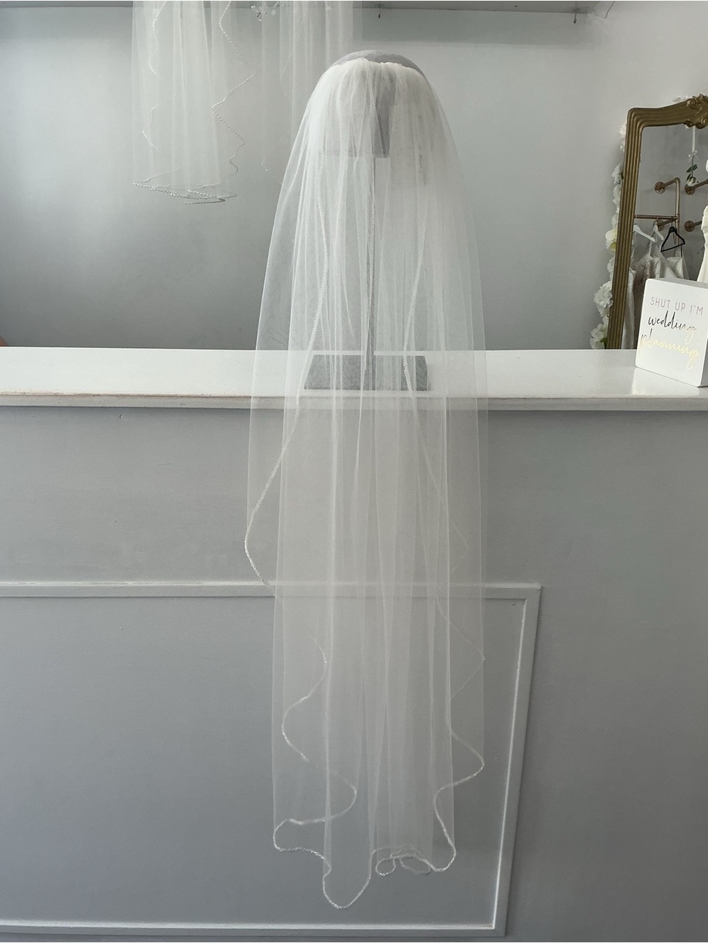 Long White Bridal Veil with Beaded Edge